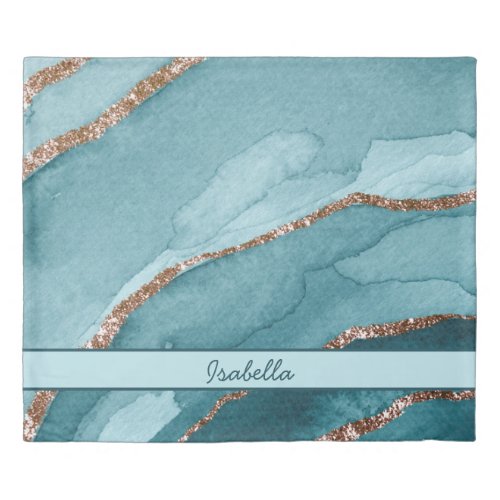Personalized Turquoise Teal Gold Marble Agate   Duvet Cover