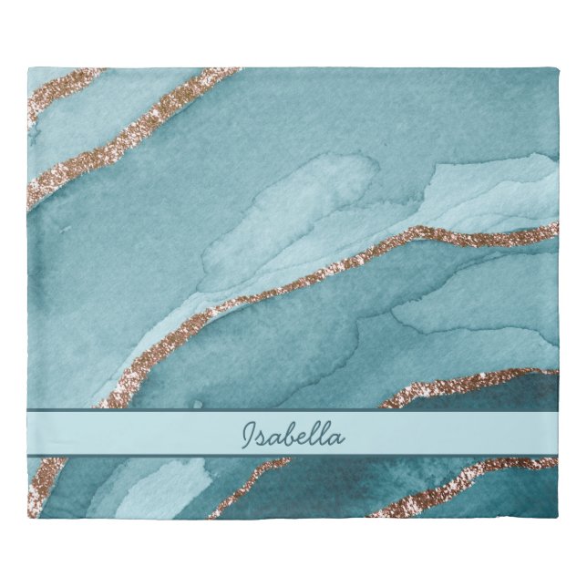 Personalized Turquoise Teal Gold Marble Agate   Duvet Cover (Front)