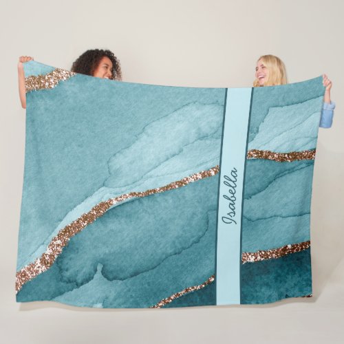 Personalized Turquoise Teal Gold Marble Agate Flee Fleece Blanket