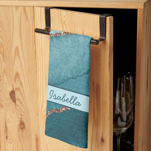 Personalized Turquoise Teal Gold Marble Agate Kitchen Towel