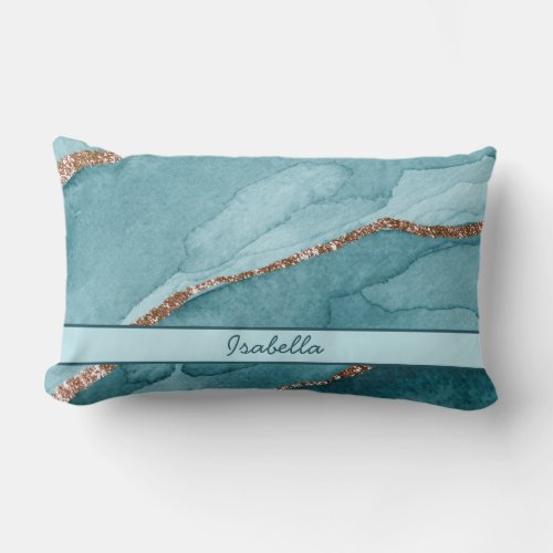 Personalized Turquoise Teal Gold Marble Agate Lumbar Pillow