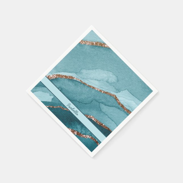 Personalized Turquoise Teal Gold Marble Agate Napkins (Corner)