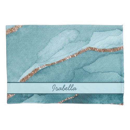 Personalized Turquoise Teal Gold Marble Agate Pillow Case