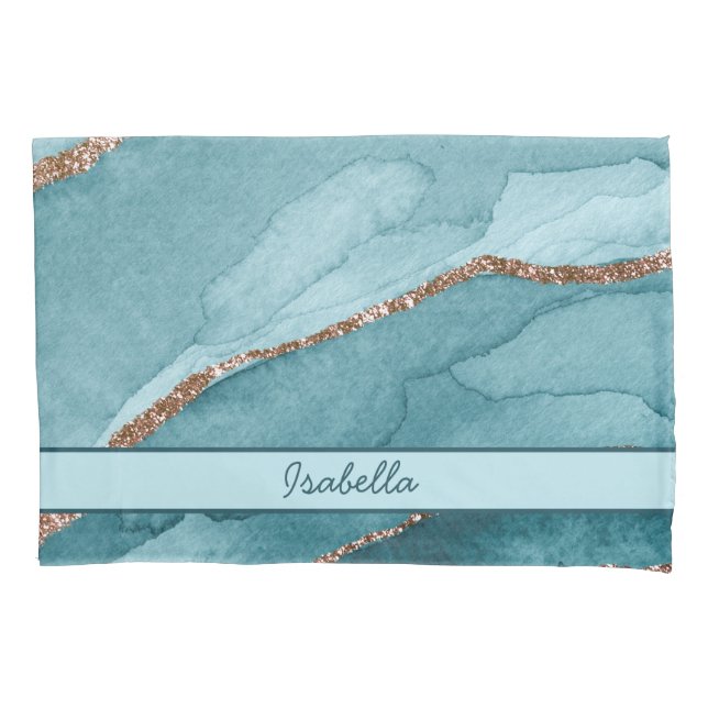 Personalized Turquoise Teal Gold Marble Agate Pillow Case (Front)