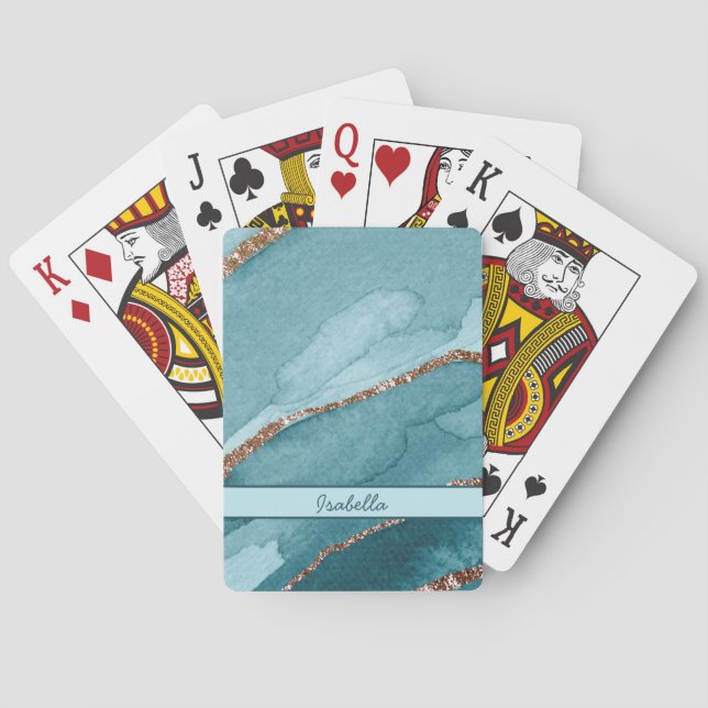 Personalized Turquoise Teal Gold Marble Agate Poker Cards (Back)