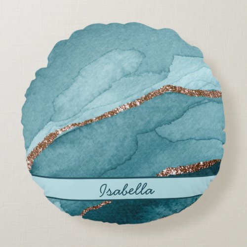 Personalized Turquoise Teal Gold Marble Agate Round Pillow