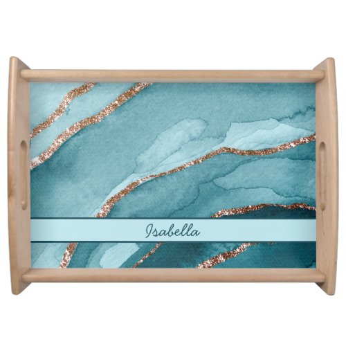 Personalized Turquoise Teal Gold Marble Agate Serving Tray