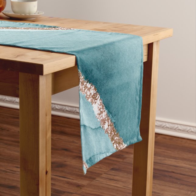 Personalized Turquoise Teal Gold Marble Agate Short Table Runner (In Situ)