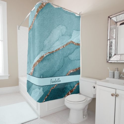 Personalized Turquoise Teal Gold Marble Agate Shower Curtain