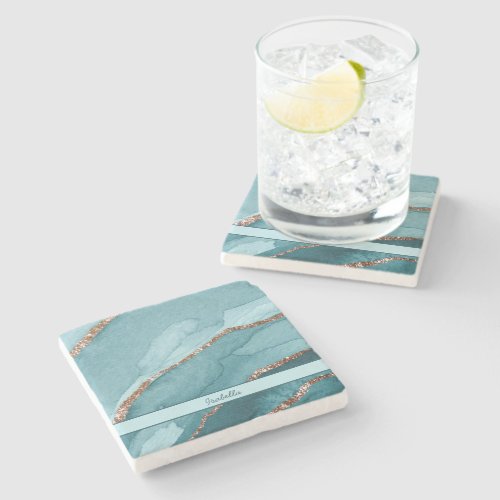 Personalized Turquoise Teal Gold Marble Agate Stone Coaster