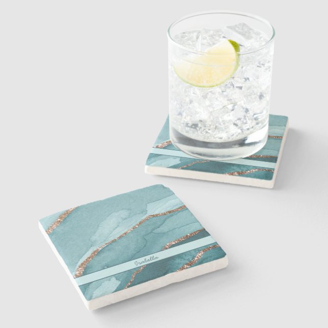 Personalized Turquoise Teal Gold Marble Agate Stone Coaster (Side)