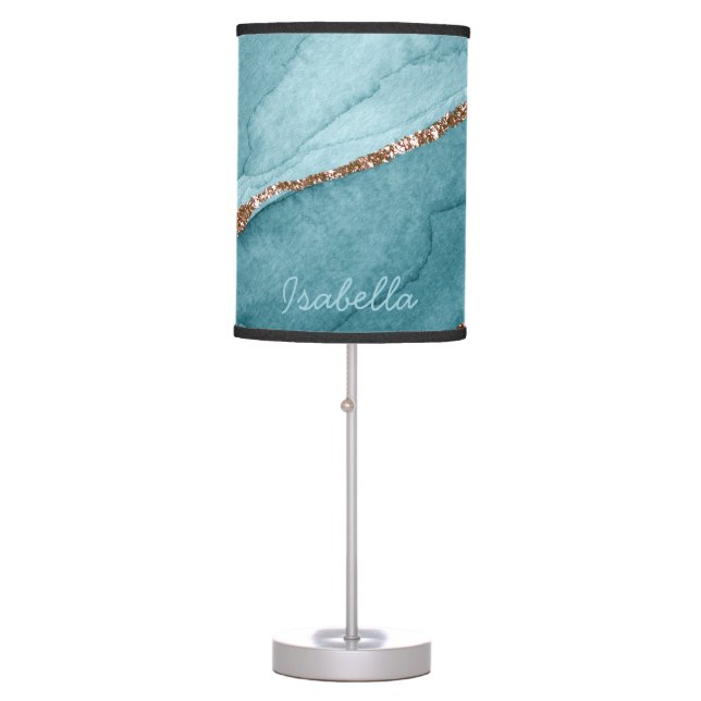 Personalized Turquoise Teal Gold Marble Agate Table Lamp (Front)