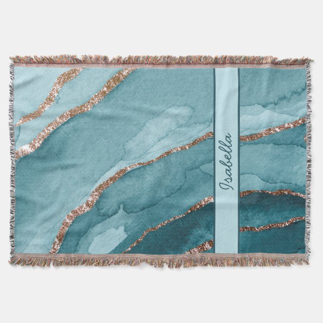 Personalized Turquoise Teal Gold Marble Agate Throw Blanket (Front)