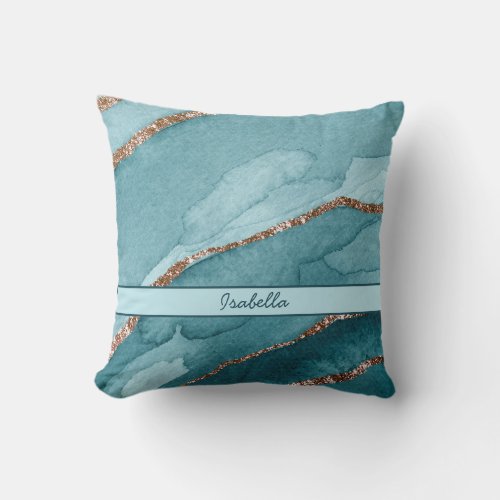 Personalized Turquoise Teal Gold Marble Agate Throw Pillow