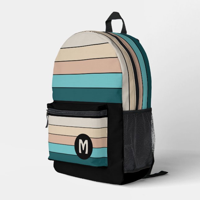 Personalized Turquoise Teal Green Black Stripes Printed Backpack (Back Corner Right)