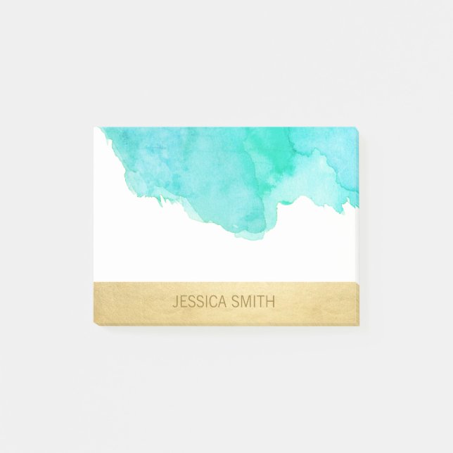 Personalized Turquoise Watercolor Faux Gold Foil Post-it Notes (Front)