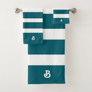 Personalized Turquoise & White Stripes Pattern Bath Towel Set