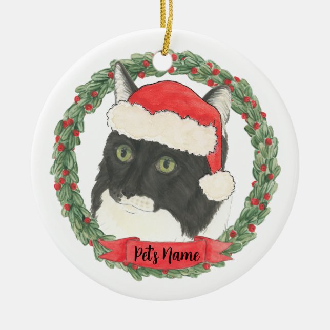 Personalized Tuxedo Ragamuffin Cat Ceramic Ornament (Front)