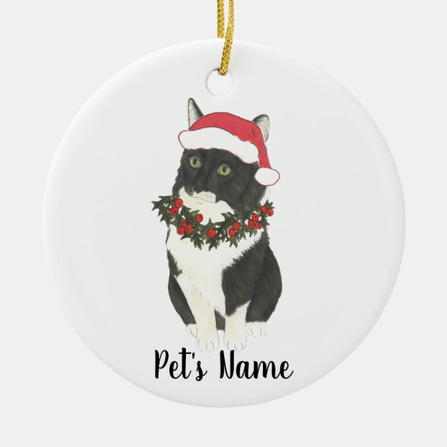 Personalized Tuxedo Ragamuffin Cat Ceramic Ornament (Front)