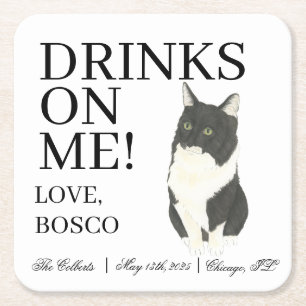Personalized Tuxedo Ragamuffin Cat Wedding Square Paper Coaster