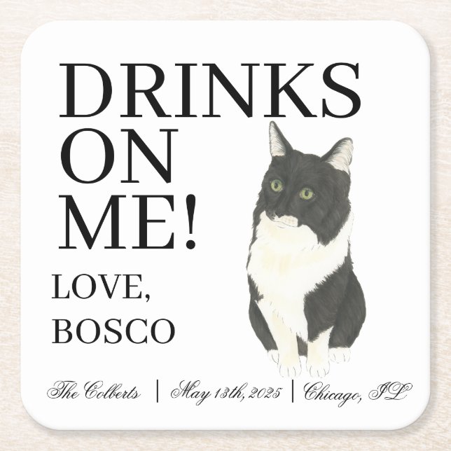 Personalized Tuxedo Ragamuffin Cat Wedding Square Paper Coaster (Front)