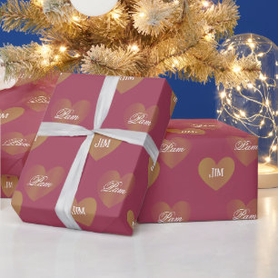 Personalized Twice Golden Hearts, Burgundy Wrapping Paper