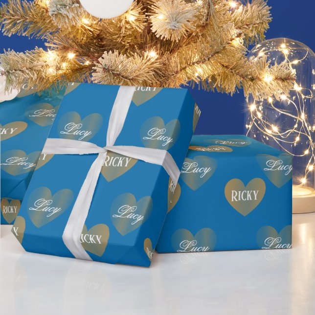 Personalized Twice Golden Hearts, French Blue Wrapping Paper (Holidays)