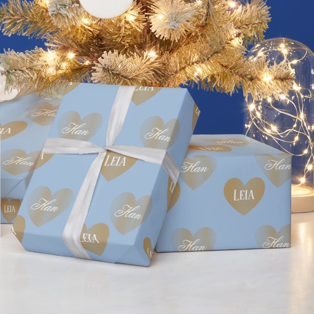 Personalized Twice Golden Hearts, Ice Blue Wrapping Paper (Holidays)