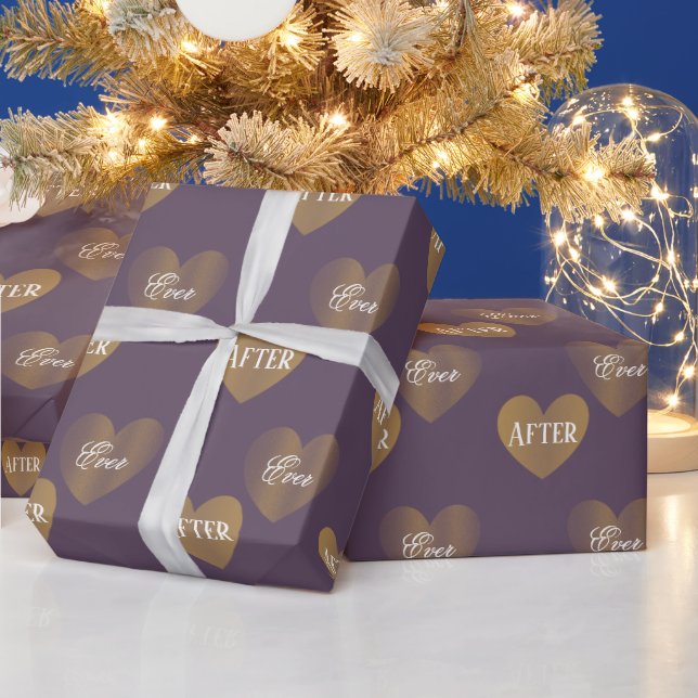 Personalized Twice Golden Hearts, Mauve Purple Wrapping Paper (Holidays)