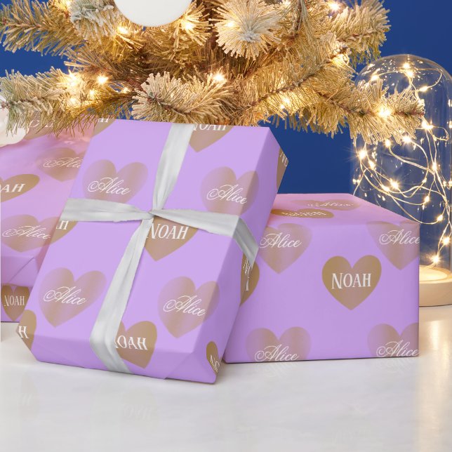 Personalized Twice Golden Hearts, Mauve Wrapping Paper (Holidays)