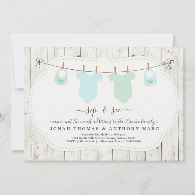 Personalized Twin Boys Sip and See Invitation (Front)