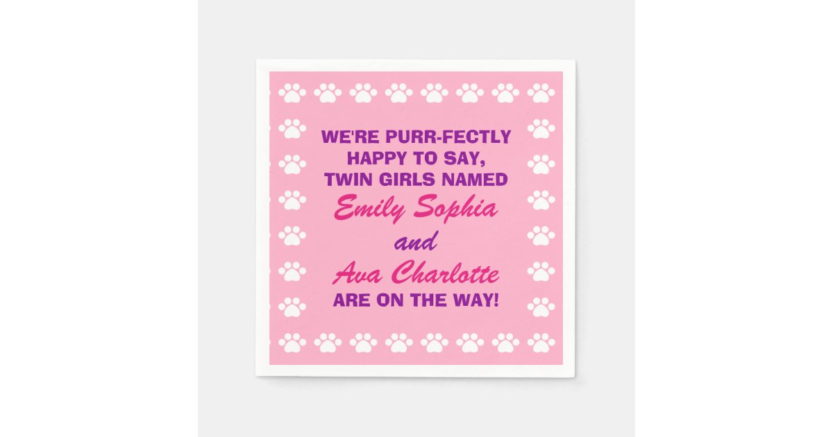 Personalized Twin Girls Cat Themed Baby Shower Napkin Zazzle Com