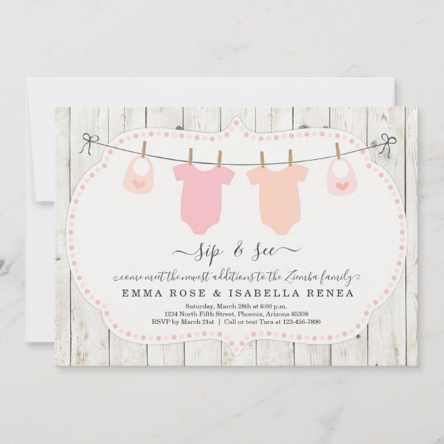 Personalized Twin Girls Sip and See Invitation (Front)