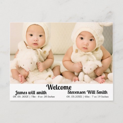 personalized twins birth announcement  postcard