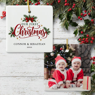 Personalized Twins First Christmas Photo Ceramic Ornament