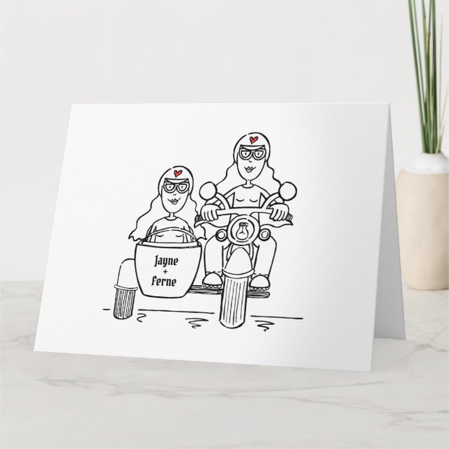 Personalized Two Brides Biker Motorcycle Wedding Card (Front)