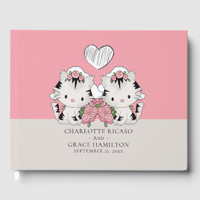 Personalized Two Brides Cat Themed Gay Wedding Guest Book (Front)