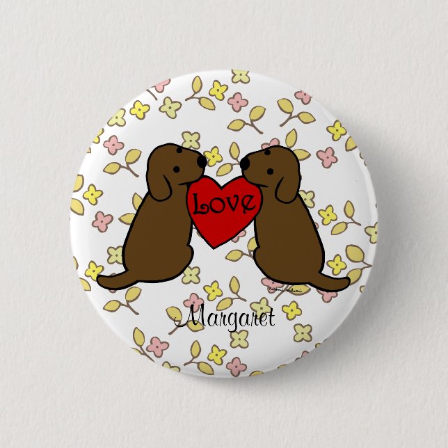 Personalized Two Choco Labradors with Love Cartoon Button (Front)