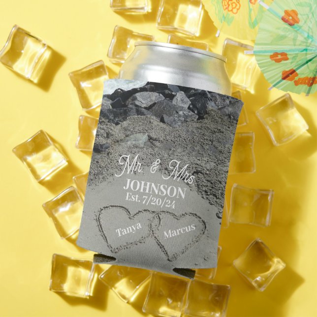 Personalized Two Hearts In The Sand Can Cooler (In Situ Summer)
