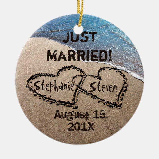 Personalized Two Hearts In The Sand Ornament (Front)