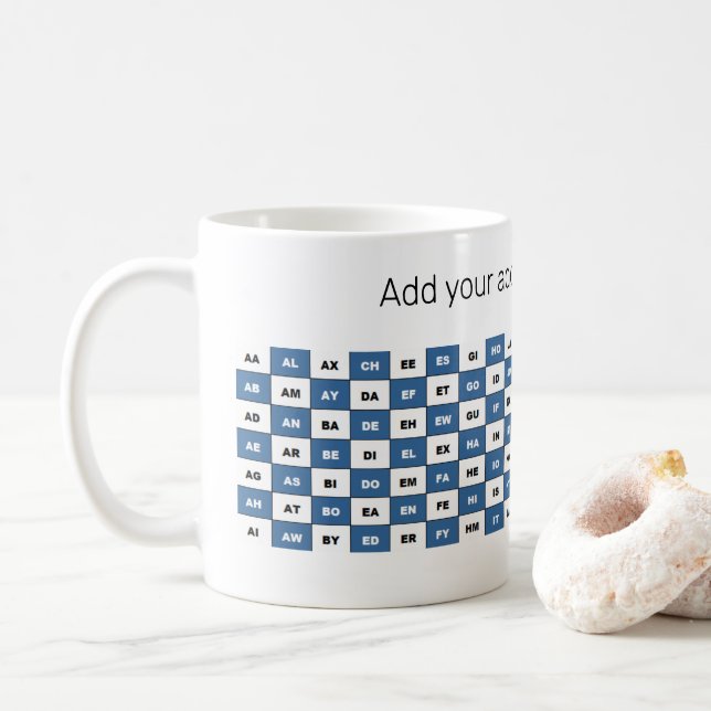 Personalized Two Letter Words British English Blue Coffee Mug (With Donut)