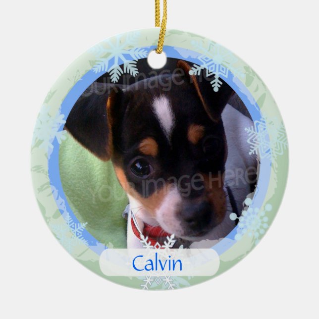 Personalized Two Sided Photo Frame Blue & Green Ceramic Ornament (Front)