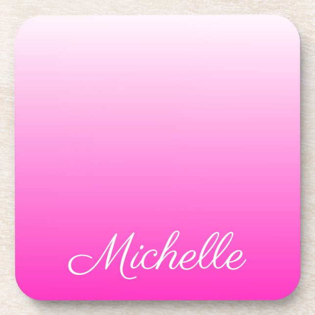 Personalized two-tone gradient ombre hot pink beverage coaster (Front)