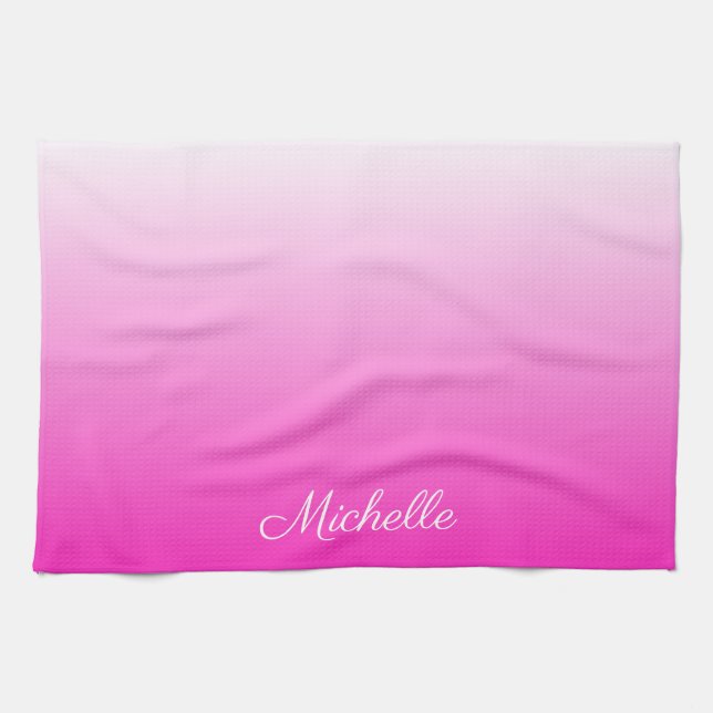 Personalized two-tone gradient ombre hot pink kitchen towel (Horizontal)