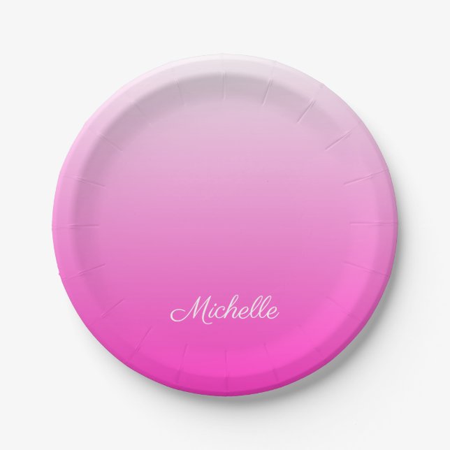 Personalized two-tone gradient ombre hot pink paper plates (Front)