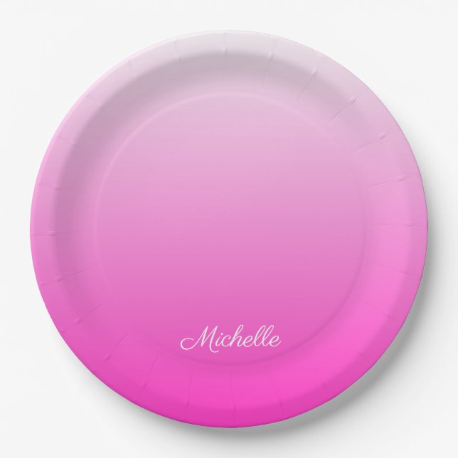 Personalized two-tone gradient ombre hot pink paper plates (Front)