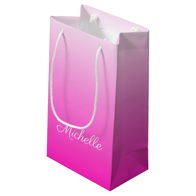 Personalized two-tone gradient ombre hot pink small gift bag (Back Angled)
