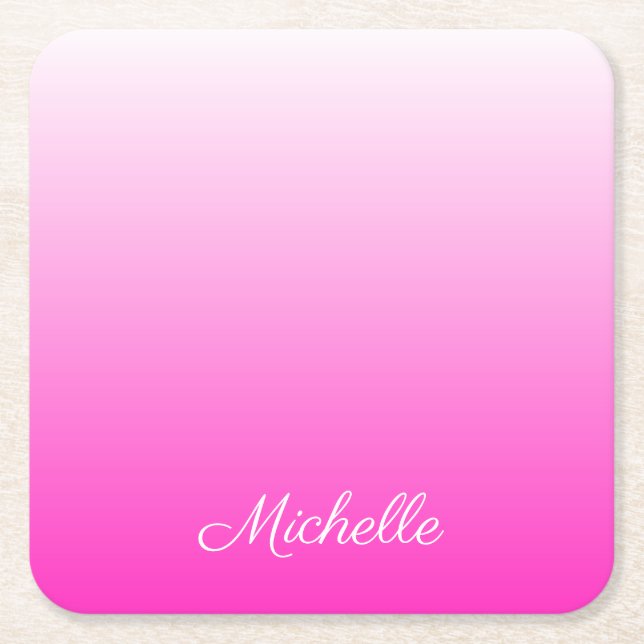 Personalized two-tone gradient ombre hot pink square paper coaster (Front)