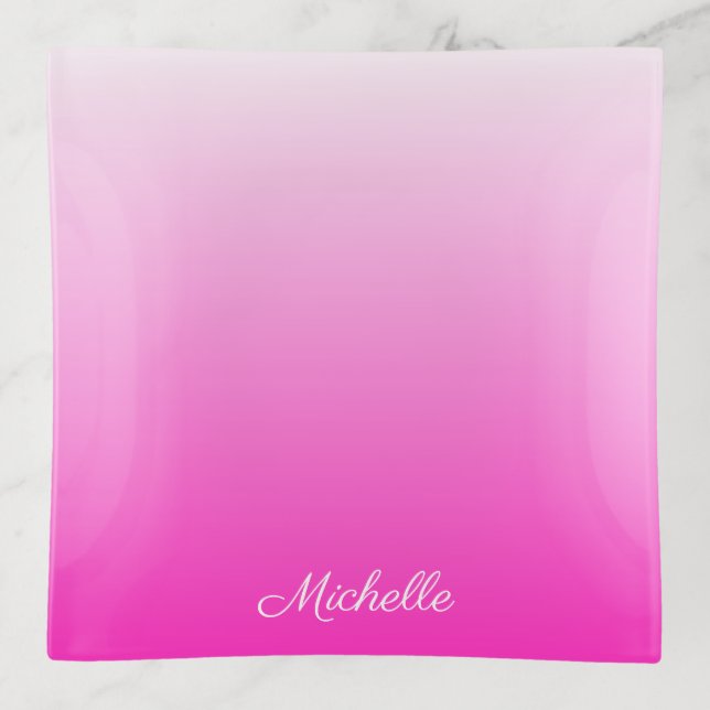 Personalized two-tone gradient ombre hot pink trinket tray (Front)