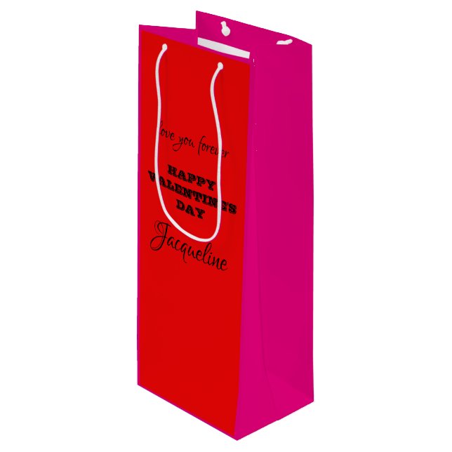Personalized Two-tone Red Hot Pink Valentine's Day Wine Gift Bag (Front Angled)
